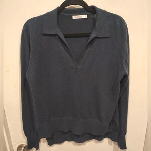 Mersea Women's Navy Mariner Polo V- Neck Sweater Sz S Preppy Cotton Wool Blend
